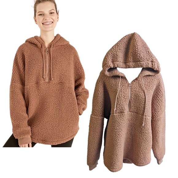PINK VICTORIA'S SECRET Beige Recycled Polyester Varsity Sherpa Hoodie Size M - Picture 1 of 9
